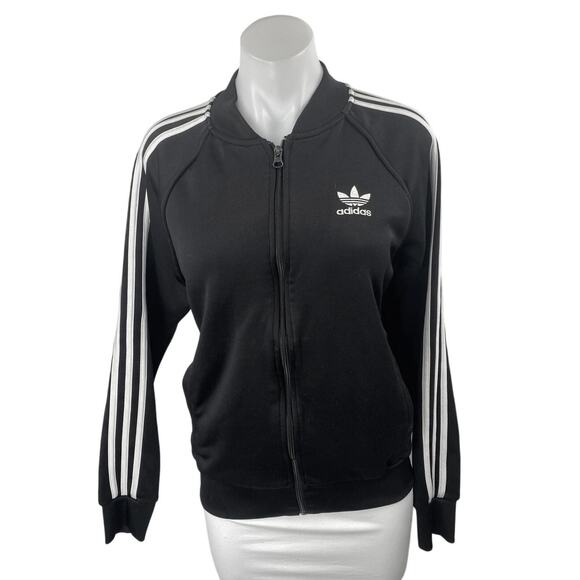 Adidas Women's Black Striped Full Zip Long Sleeve Track Bomber Jacket Size S - Picture 1 of 5